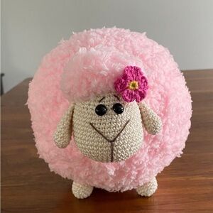 Handmade crochet Pink Sheep Plush Toy with Flower Accent